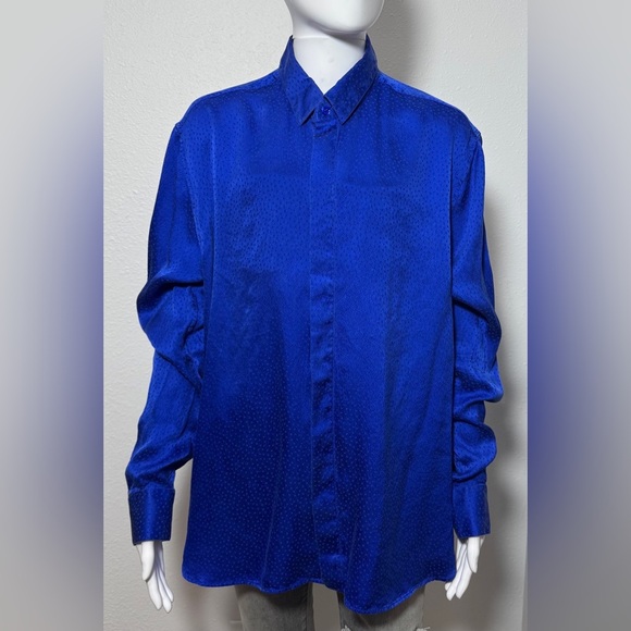 Saint Laurent Tonal Dot Silk Button Up in Royal Blue